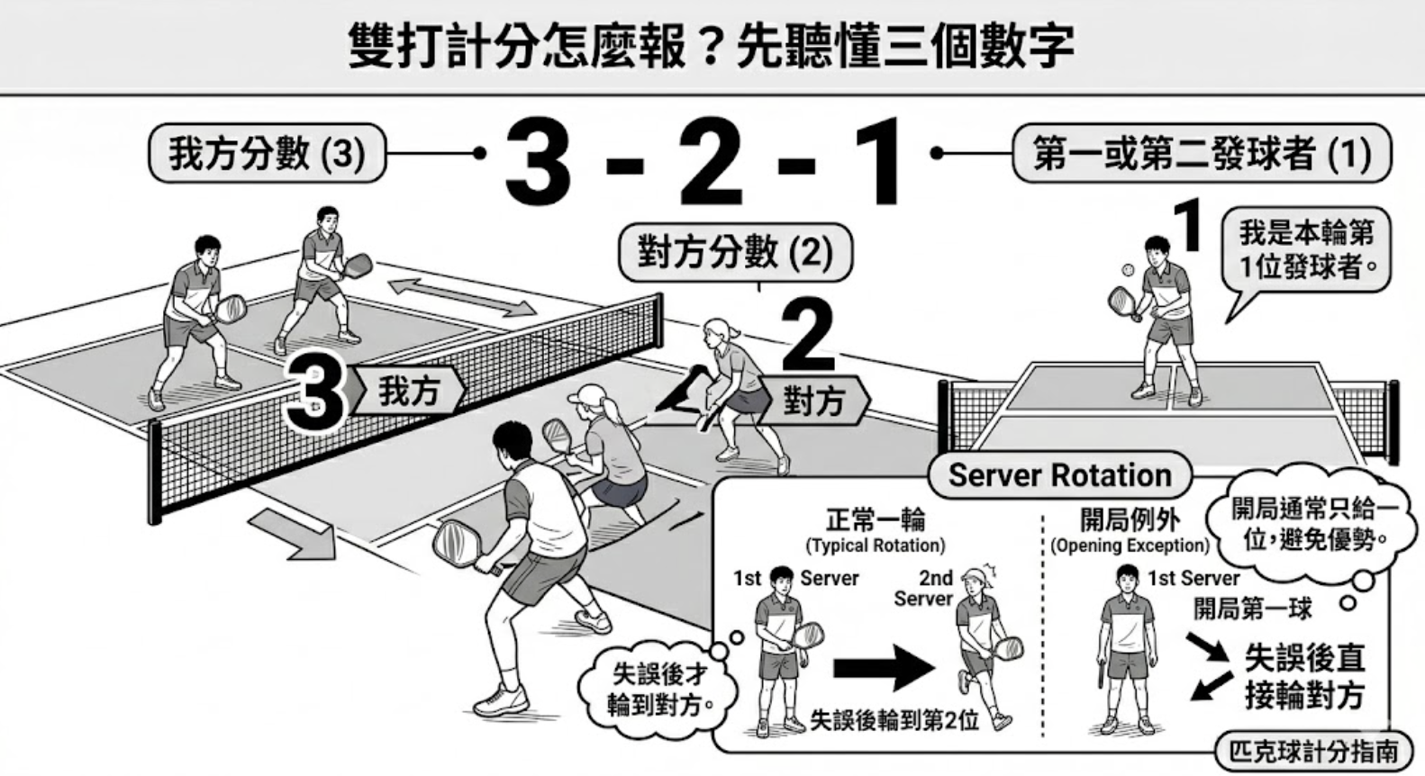 匹克球雙打 0-0-2 計分拆解圖
