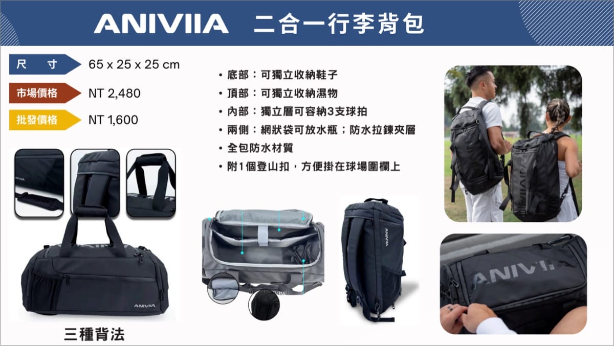 ANIVIIA 二合一行李背包照片型錄,標示 65×25×25 cm、NT$ 2,480、三種背法、獨立鞋室濕物層與三支球拍隔層