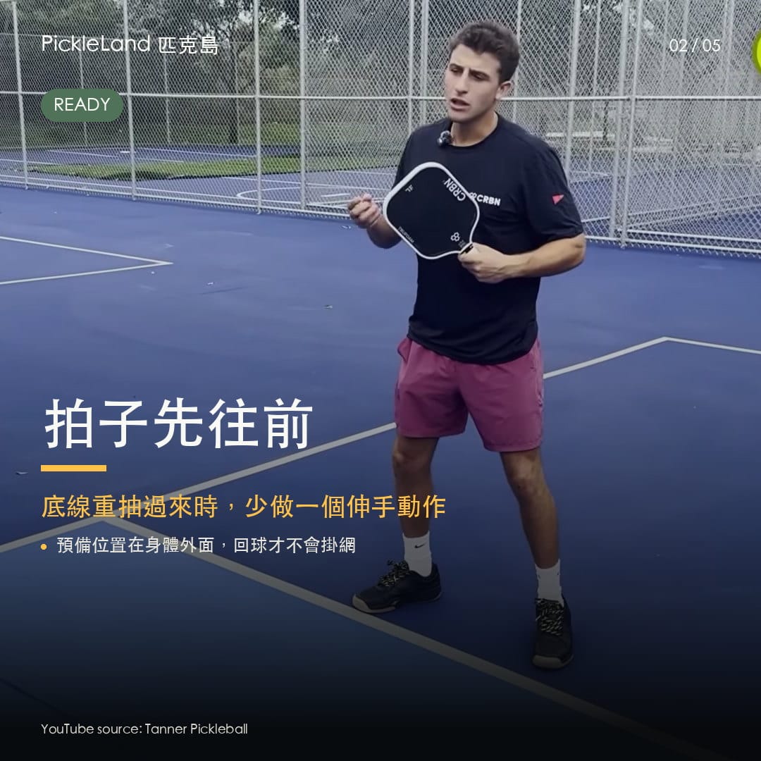 廚房線面對底線重抽時,拍子預備位置要往前。(PickleLand 訓練圖卡)