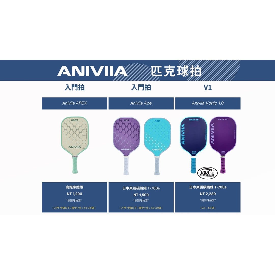 ANIVIIA 2026 入門到中階球拍型錄頁,包含 APEX、Ace 與 Voltic 1.0 的價格與定位
