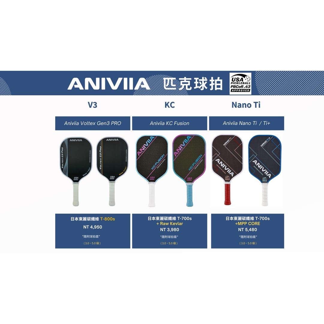 ANIVIIA 2026 高階球拍型錄總覽,包含 Voltex Gen3 Pro、KC Fusion、Nano Ti 與 Nano Ti+ 三條高階產品線