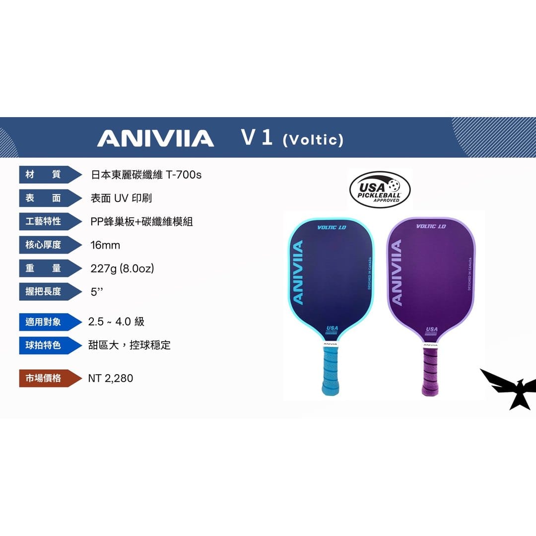 ANIVIIA Voltic 1.0 型錄頁,列出 Toray T700s、16mm、甜區大、控球穩定與 NT$2,280