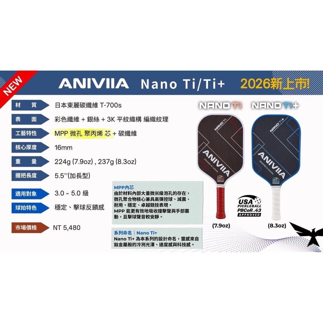 ANIVIIA Nano Ti 與 Nano Ti+ 2026 新上市型錄頁,列出 Titanium x T700s、MPP 拍芯、16mm、5.5 吋握把與 NT$5,480