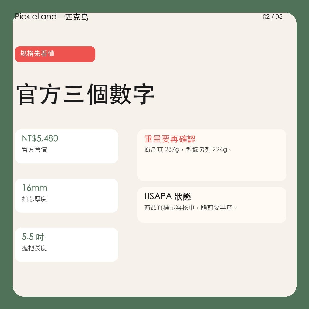 Nano Ti+ 規格卡，整理 NT$5,480、16mm 與 5.5 吋握把。