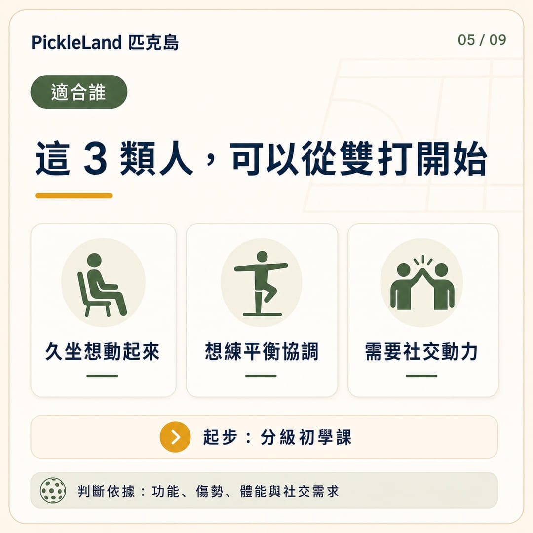 特別適合嘗試匹克球的幾類人:久坐新手、想練平衡協調者、需要社交動力者
