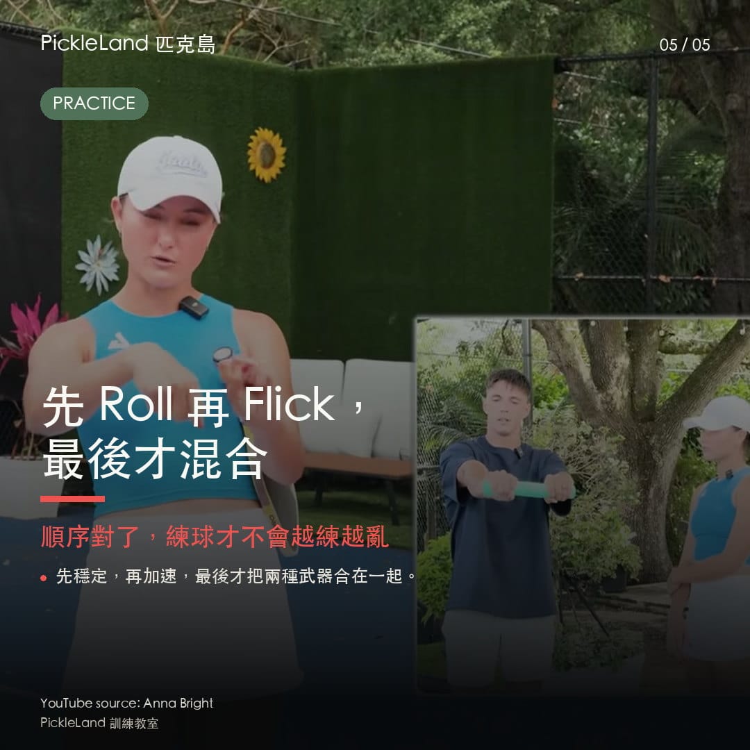 反手彈擊 30 分鐘練球菜單卡,依序練穩定、拉球與加速