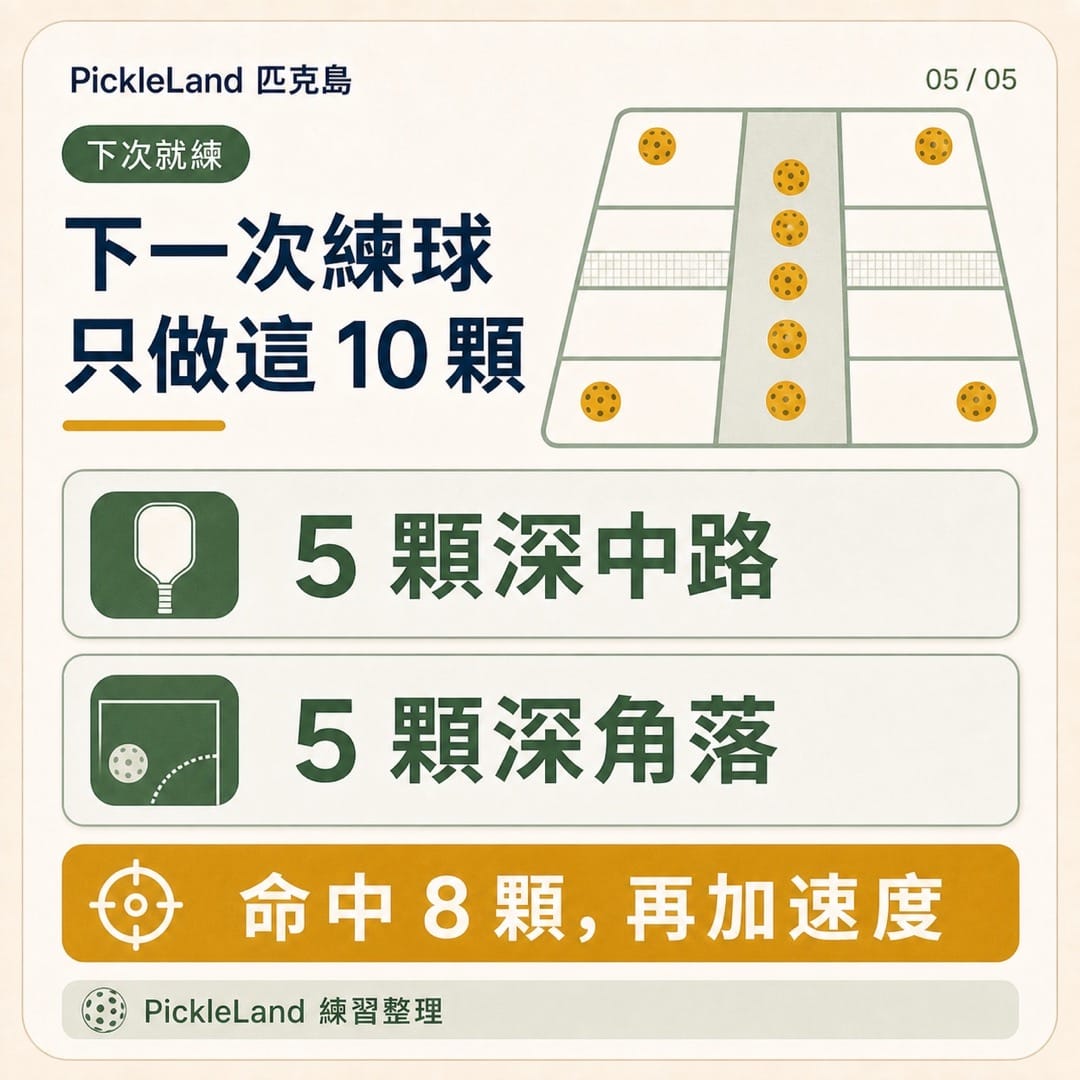 PickleLand 十球發球練習卡,五顆打深中路、五顆打深角落,命中八顆後再加速
