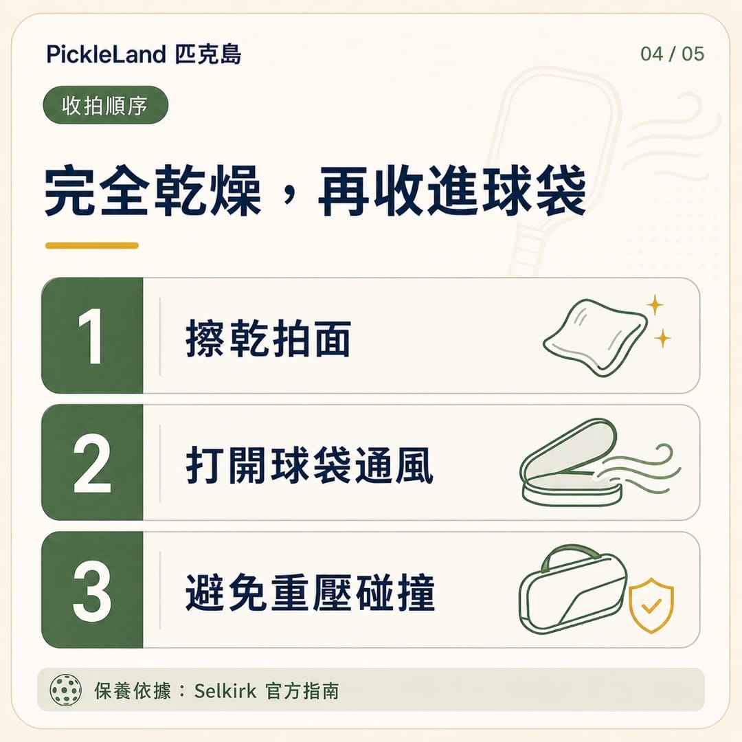 PickleLand 收拍順序圖卡,擦乾拍面、打開球袋通風並避免重壓碰撞,完全乾燥後再收進球袋