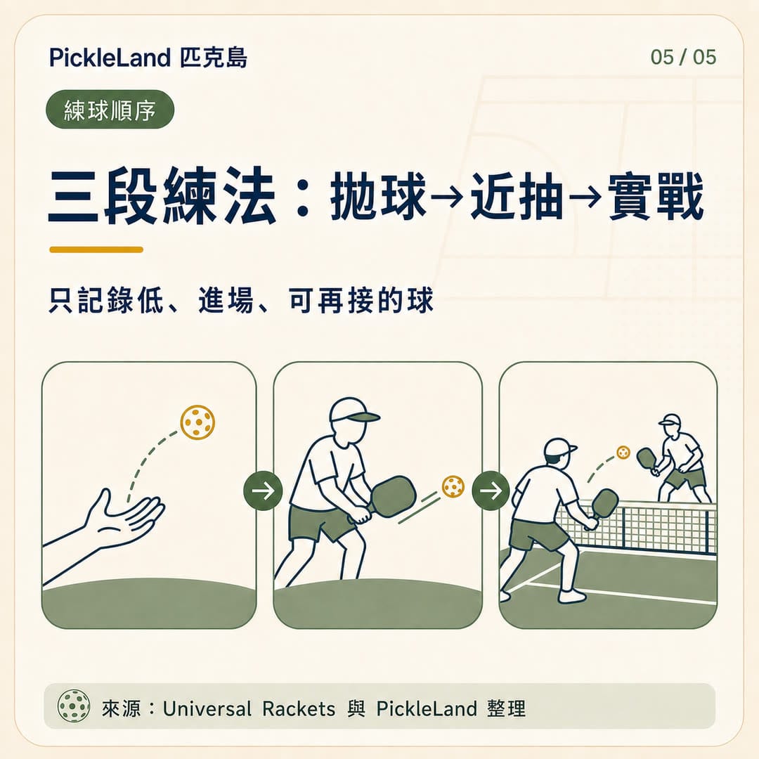 PickleLand 三階段短擋截擊練球圖卡，依序從拋球、近距離抽球進入實戰