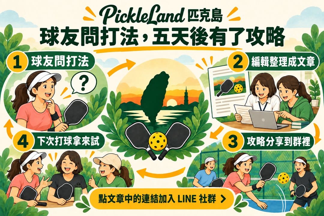 四個圓形場景以箭頭連成循環：球友先提問，編輯整理成文章，攻略分享到群裡，再帶到球場試用；中央是台灣輪廓、球拍與匹克球，底部提示可點文章連結加入 LINE 社群。