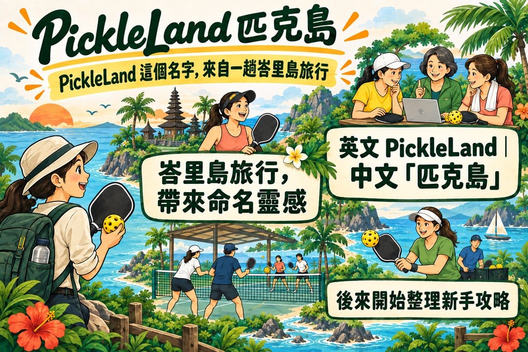 峇里島海岸與小島場景中，一位旅人拿著球拍，三個區塊連起峇里島旅行的命名靈感、英文名 PickleLand 與中文名「匹克島」，以及後來整理的新手攻略。