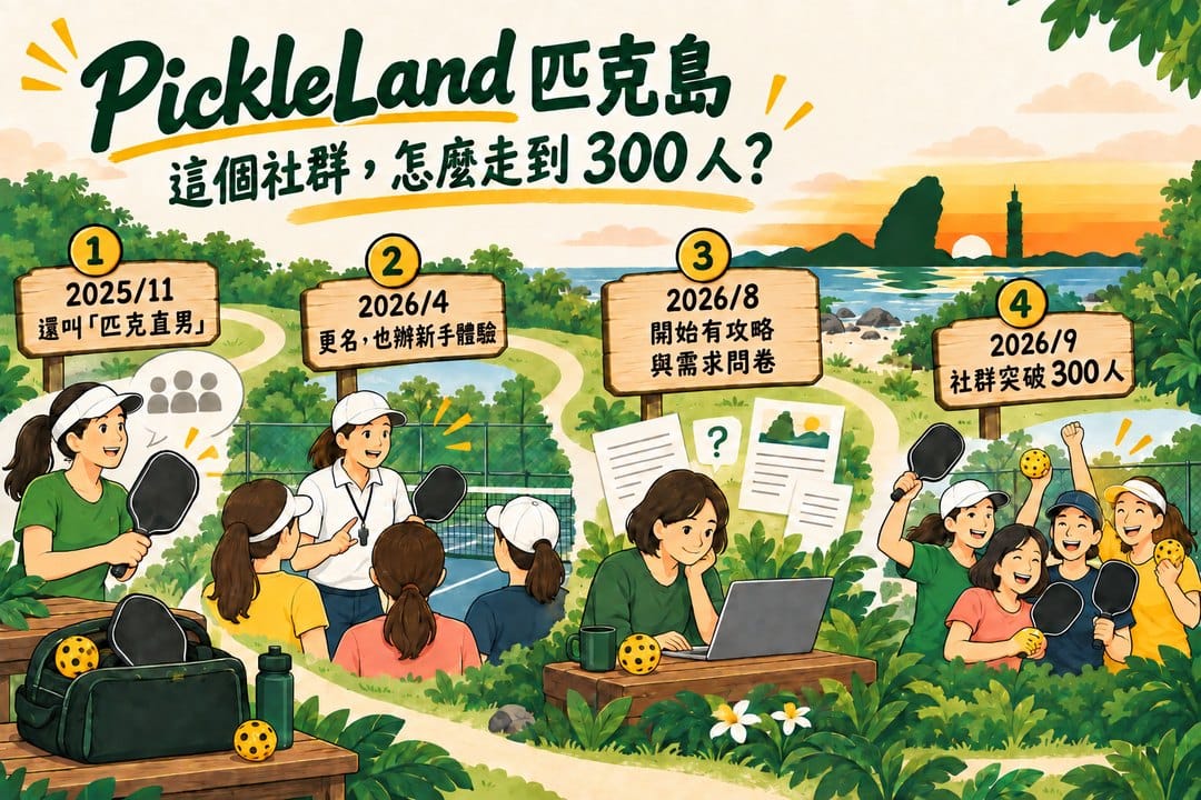 蜿蜒步道上有四個里程碑：2025 年 11 月仍用舊群名，2026 年 4 月更名並辦新手體驗，8 月開始有攻略與需求問卷，9 月社群突破 300 人；沿途搭配球場討論、編輯整理與球友合照。