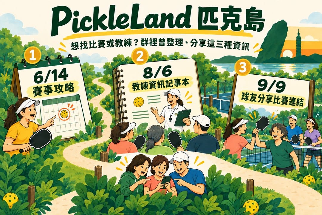 蜿蜒路徑旁有三個資訊看板：6 月 14 日賽事攻略、8 月 6 日教練資訊記事本，以及 9 月 9 日球友分享的比賽連結；前景有球友一起看手機交流。