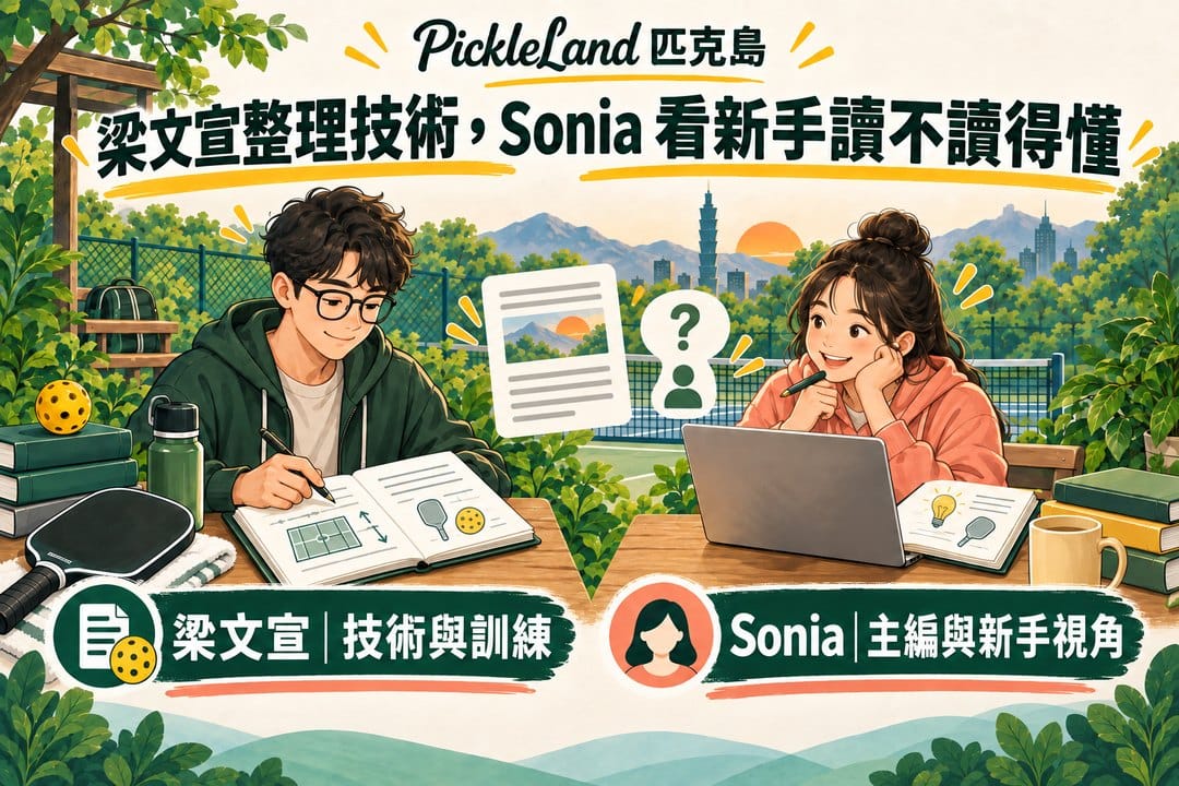 球場旁兩張工作桌，梁文宣在左側筆記技術與訓練內容，Sonia 在右側使用筆電並以新手視角檢查文章；兩人中間浮著文章頁面與問號人物圖示。
