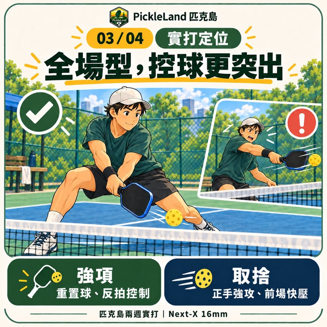 PickleLand 插畫呈現 Wika Next-X 的重置球與反拍控制優勢，以及正手強攻和前場快壓的取捨