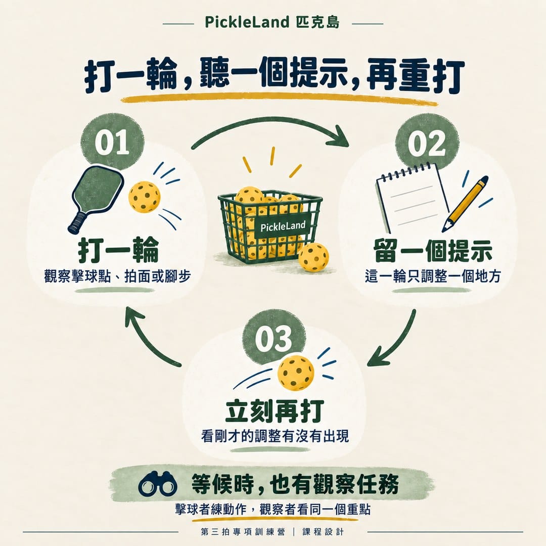 打一輪、聽一個提示、立刻重打的訓練回饋循環