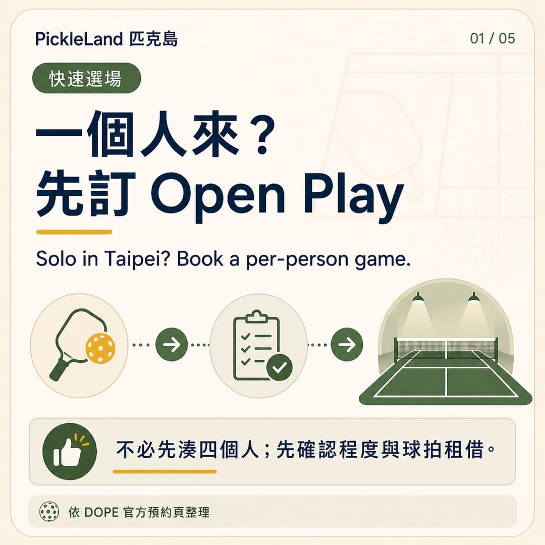 PickleLand Taipei visitor card explaining that solo players should book Open Play while groups should reserve a private court