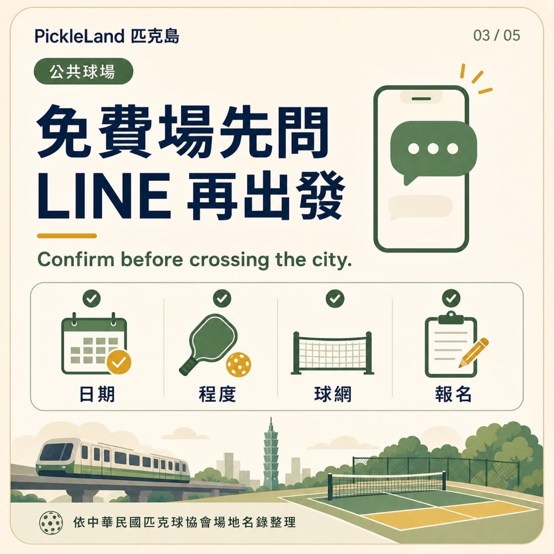 PickleLand Taipei public-play card reminding visitors to confirm the date, level, net and registration in LINE before travelling