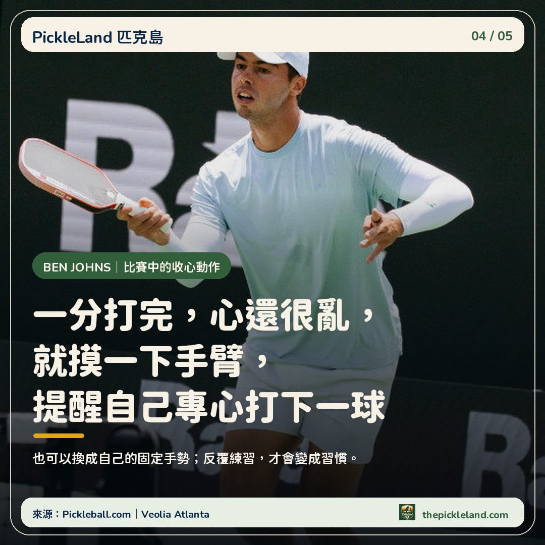 Ben Johns 在 Veolia Atlanta Pickleball Championships 擊球,圖卡整理情緒亂掉時的收心動作
