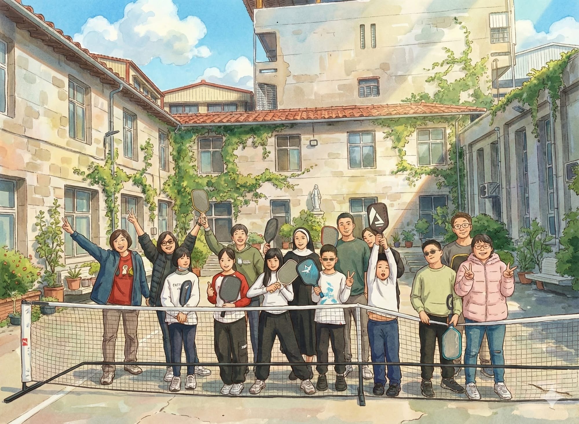 教會匹克球公益活動中，大人與孩子在球場上的團體留念插畫