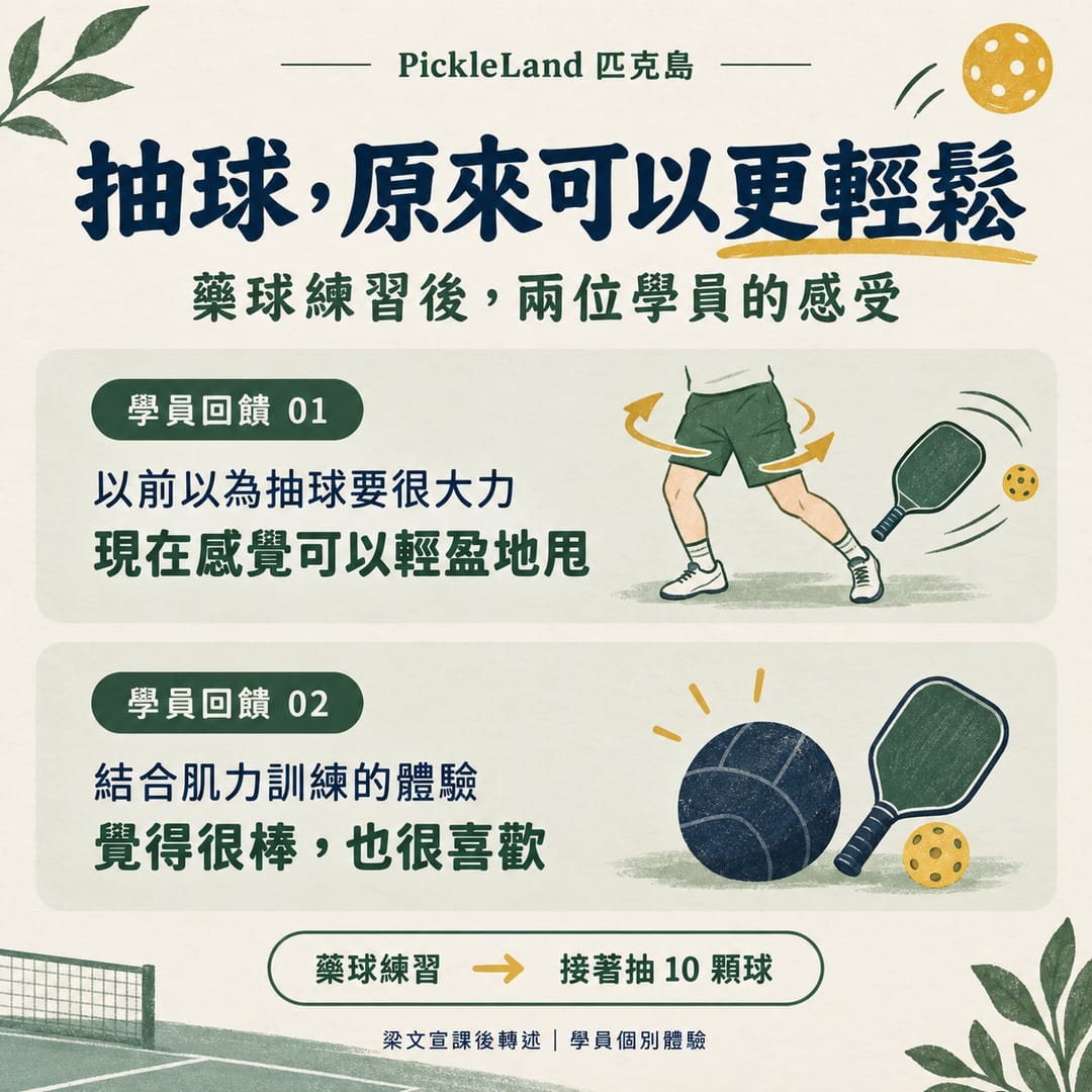 兩位學員在藥球搭配抽球練習後的個別感受：更輕盈，以及喜歡結合肌力訓練