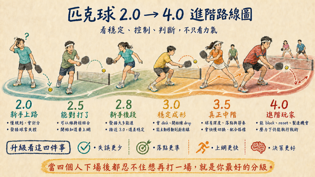 匹克球分級怎麼看？2.0～5.0 程度、自評與 DUPR 指南